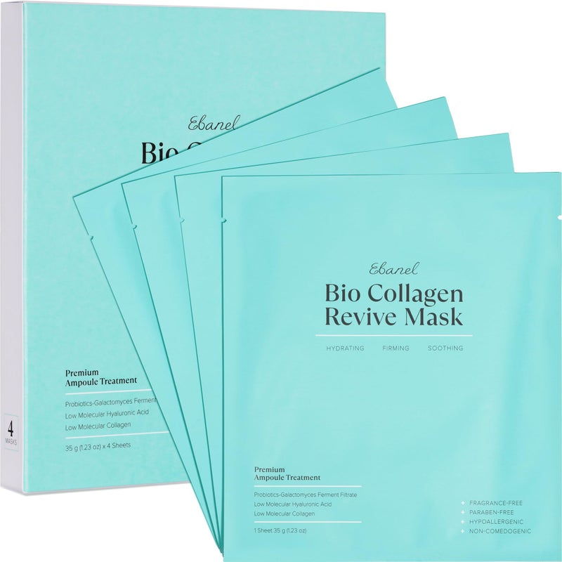 Ebanel Bio Collagen Face Mask, 4-Pack Hydrating Face Masks with 7 Peptides, Hyaluronic Acid, Niacinamide, Centella, Rose Water, Ceramide, and B5, Glass Skin Tightening and Lifting Korean Sheet Masks - Image 1