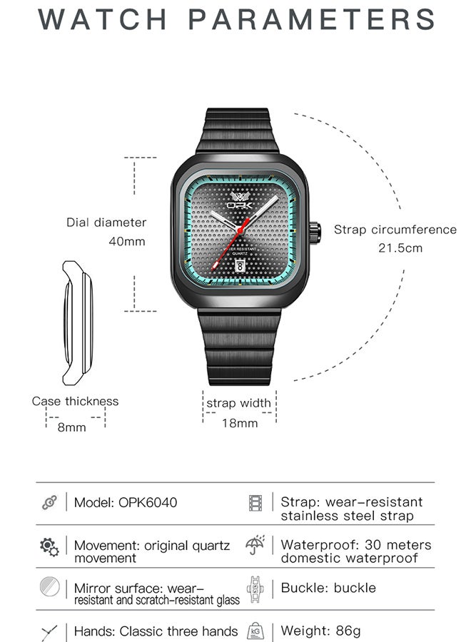 Opk Stylish Square Steel Strap Men'S Watch, Luminous And Waterproof, Single Calendar Quartz Watch, 6041 Black Steel, Black Case, Green Bezel, Black Dial. - Image 3