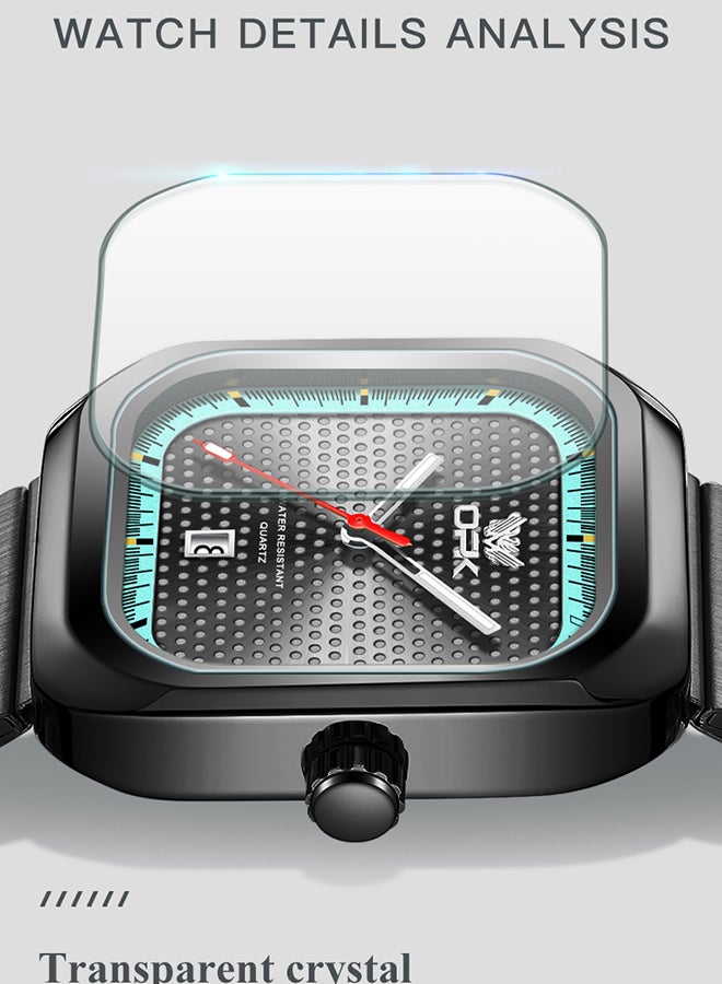 Opk Stylish Square Steel Strap Men'S Watch, Luminous And Waterproof, Single Calendar Quartz Watch, 6041 Black Steel, Black Case, Green Bezel, Black Dial. - Image 4