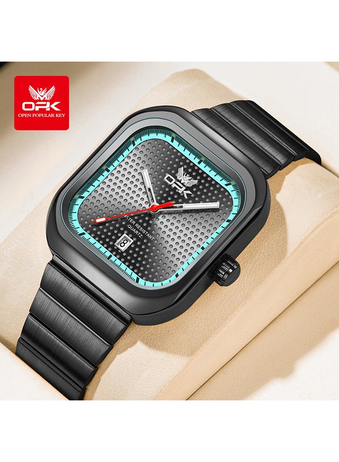 Opk Stylish Square Steel Strap Men'S Watch, Luminous And Waterproof, Single Calendar Quartz Watch, 6041 Black Steel, Black Case, Green Bezel, Black Dial. - Image 1