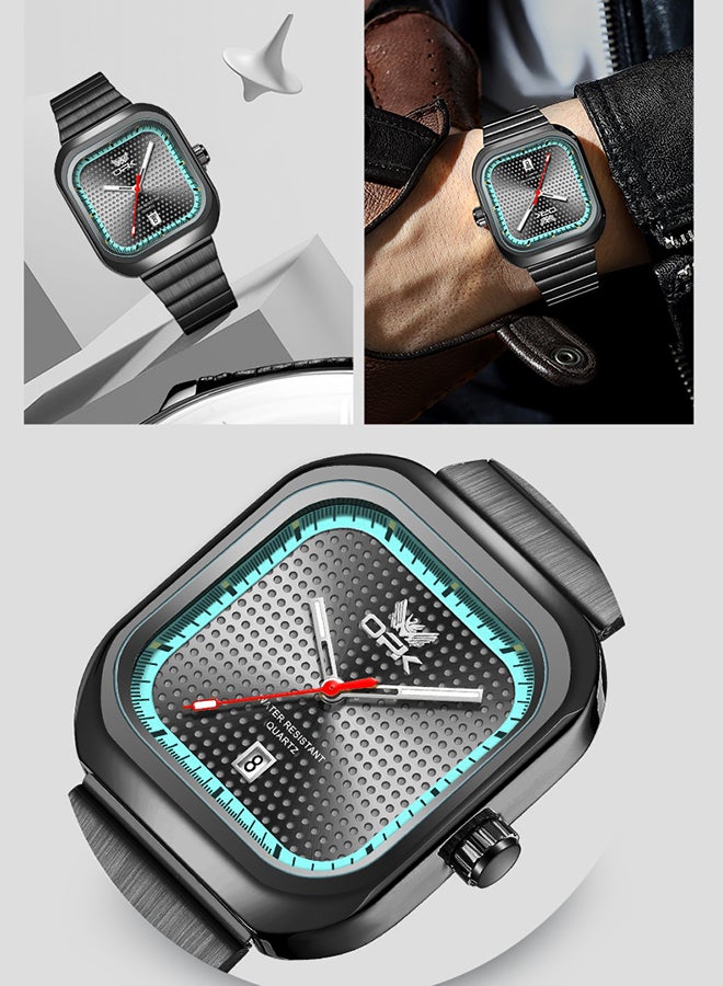 Opk Stylish Square Steel Strap Men'S Watch, Luminous And Waterproof, Single Calendar Quartz Watch, 6041 Black Steel, Black Case, Green Bezel, Black Dial. - Image 5