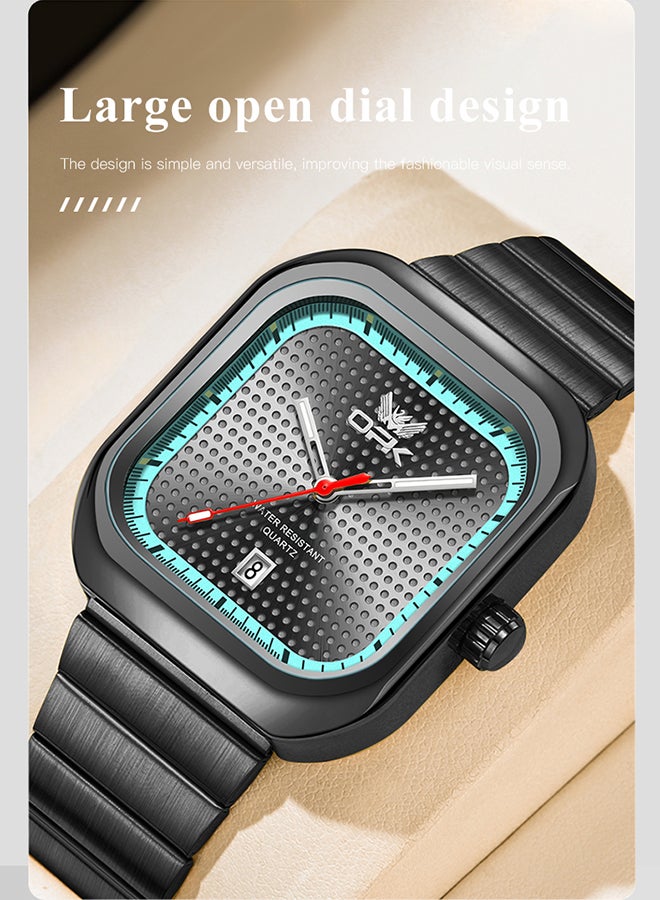 Opk Stylish Square Steel Strap Men'S Watch, Luminous And Waterproof, Single Calendar Quartz Watch, 6041 Black Steel, Black Case, Green Bezel, Black Dial. - Image 2