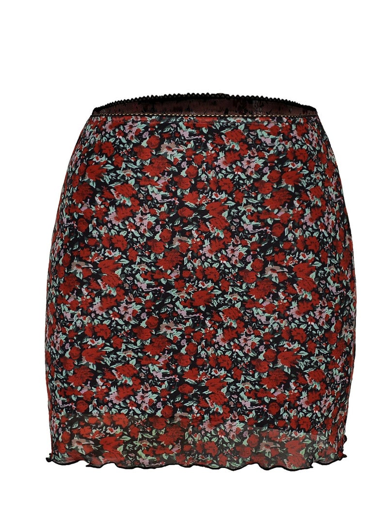 Loquat - Women's High Waist Hip Wrap Floral Printed Short Mini Skirts Bodycon Pencil Skirt Red Mix - Image 1