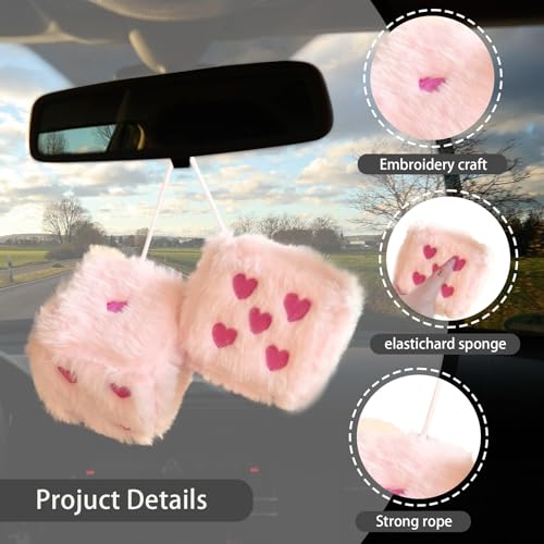 ORNALES Heart Embroidered Fuzzy Dice for Car Mirror, Pair of 3" Soft Plush Hanging Dice, Vintage Couple Car Decoration Accessories, Rearview Mirror Ornament(Pink Rose Red Dots) - Image 2