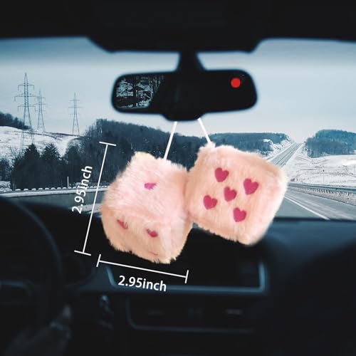 ORNALES Heart Embroidered Fuzzy Dice for Car Mirror, Pair of 3" Soft Plush Hanging Dice, Vintage Couple Car Decoration Accessories, Rearview Mirror Ornament(Pink Rose Red Dots) - Image 3