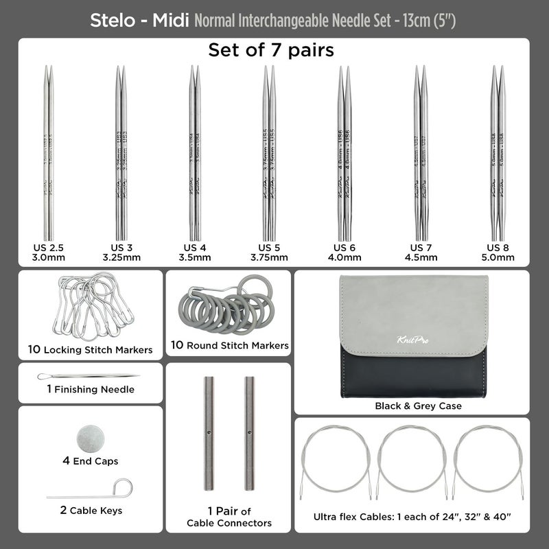 KnitPro Stelo Midi Normal Interchangeable Needle Set 5" (13cm) | 7 US Sizes (2.5 to 8) - Image 2