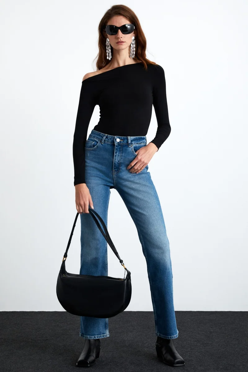 GRIMELANGE Emely Women's Viscose Blend Boat Neck Slim Fit Black Blouse