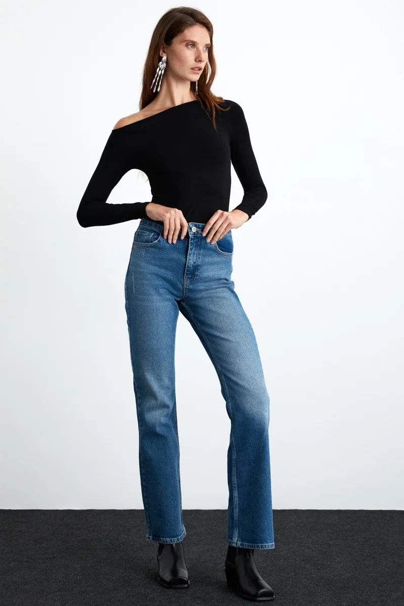 GRIMELANGE Emely Women's Viscose Blend Boat Neck Slim Fit Black Blouse