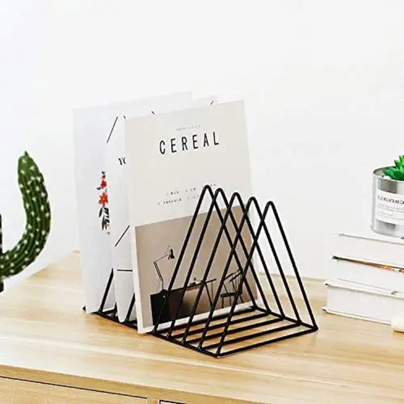 Triangle Newspaper and Magazine Stand, File Rack, Holder Desktop Iron Book Shelf, Organizer for Table Office Desk (Black)