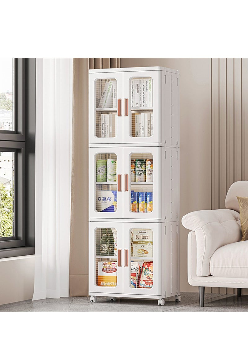 Foldable Storage Cabinet, 3 Tier Plastic Storage Organizers with Doors and Wheels, Portable Wardrobe Closet Storage Bins Floor Organizer Boxes for Bathroom Kitchen Laundry (White, 3 Tier) ﻿ - Image 1