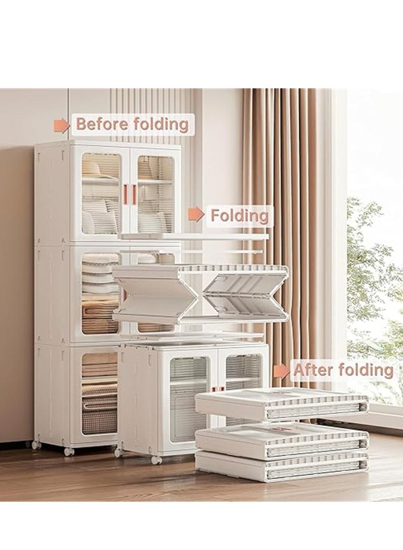 Foldable Storage Cabinet, 3 Tier Plastic Storage Organizers with Doors and Wheels, Portable Wardrobe Closet Storage Bins Floor Organizer Boxes for Bathroom Kitchen Laundry (White, 3 Tier) ﻿ - Image 3