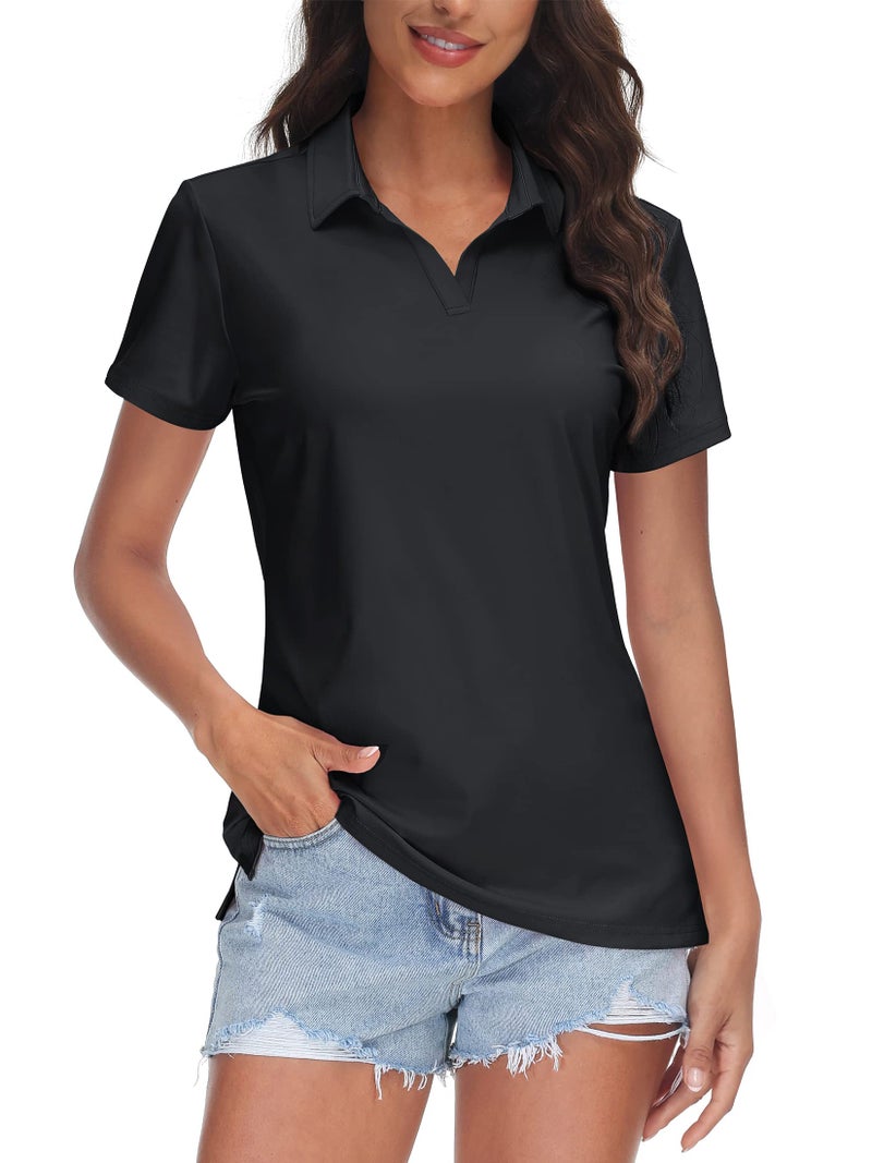 TACVASEN Black Women Polo Shirts UPF 50+ Golf Shirt V Neck Short Sleeve Shirt Sun Protection Collared Shirt for Work Quick Dry, S - Image 1