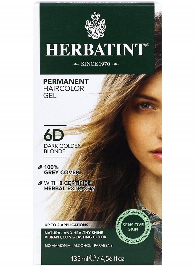 Herbatint Permanent Haircolor Gel, 6D Dark Golden Blonde, Alcohol Free, Vegan, 100% Grey Coverage - 4.56 oz - Image 1