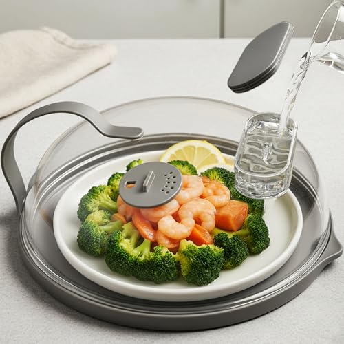 NUTIKAS Microwave Splatter Cover with Water Steamer for Food - 10 Inch Steam Microwave Splatter Guard with Handle Plate Covers for Heating Food Splash Oven Lid with Built in Steamer - Image 1
