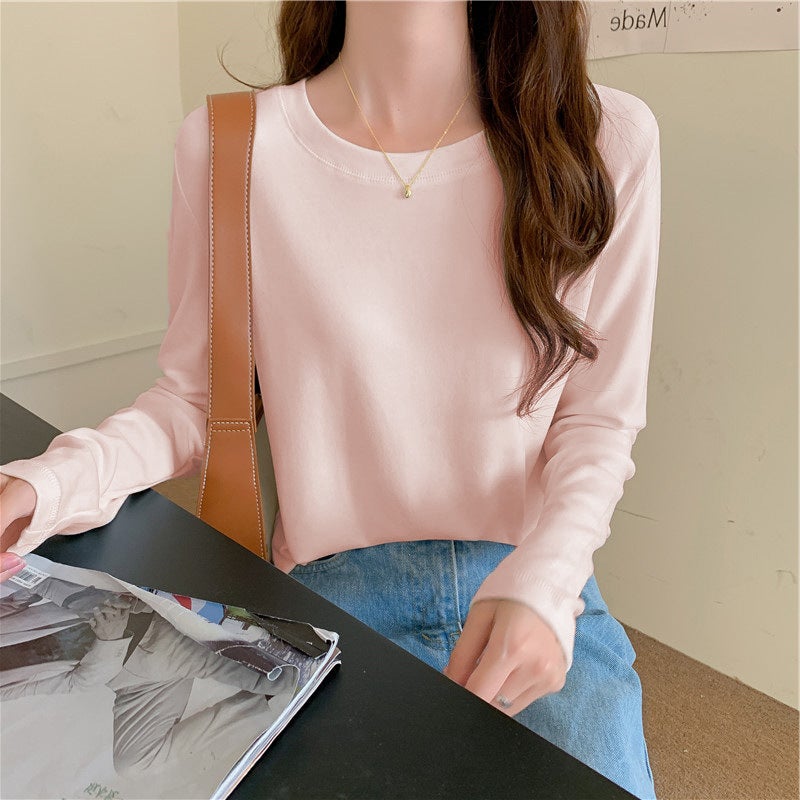 2025 Spring & Fall New Light Plate Multi-Color T-Shirt Women's Long-Sleeved Loose Korean Style Pure Color Round Neck Inner Top Base - Image 2