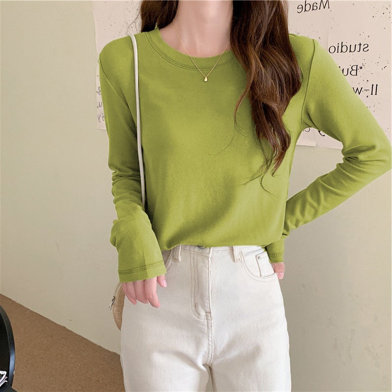 2025 Spring & Fall New Light Plate Multi-Color T-Shirt Women's Long-Sleeved Loose Korean Style Pure Color Round Neck Inner Top Base - Image 3