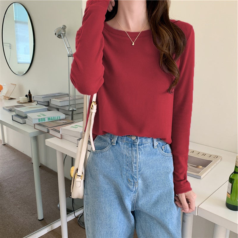 2025 Spring & Fall New Light Plate Multi-Color T-Shirt Women's Long-Sleeved Loose Korean Style Pure Color Round Neck Inner Top Base - Image 5