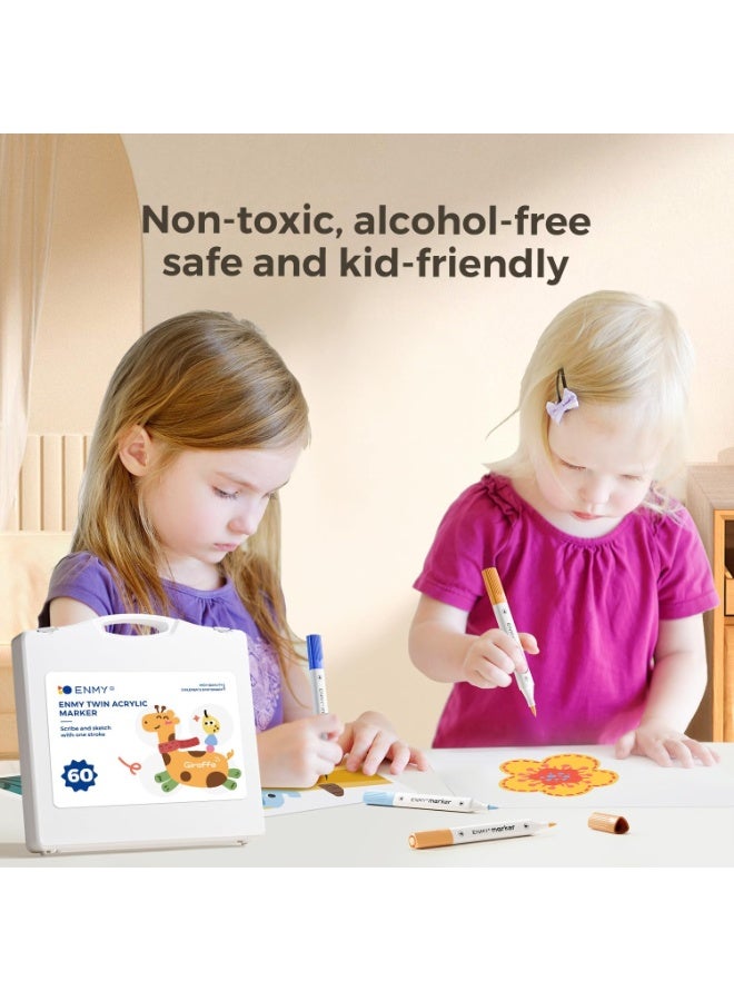 العدو مجموعة أقلام تلوين أكريليك مزدوجة الرأس من ENMY – 60 لوناً زاهياً 🖌️ | أقلام رسم بأطراف مزدوجة (1 مم دقيق + 5 مم فرشاة) | حبر مائي آمن وغير سام، سريع الجفاف وقابل للغسل | مثالية للرسم على الحجر، القماش، الخشب، الزجاج، السيراميك، الأقمشة والمزيد | حقيبة محمولة لتنظيم الأقلام | أدوات فنية مثالية للأطفال والمبتدئين والفنانين | هدية مميزة لعشاق الرسم والأعمال اليدوية - Image 3