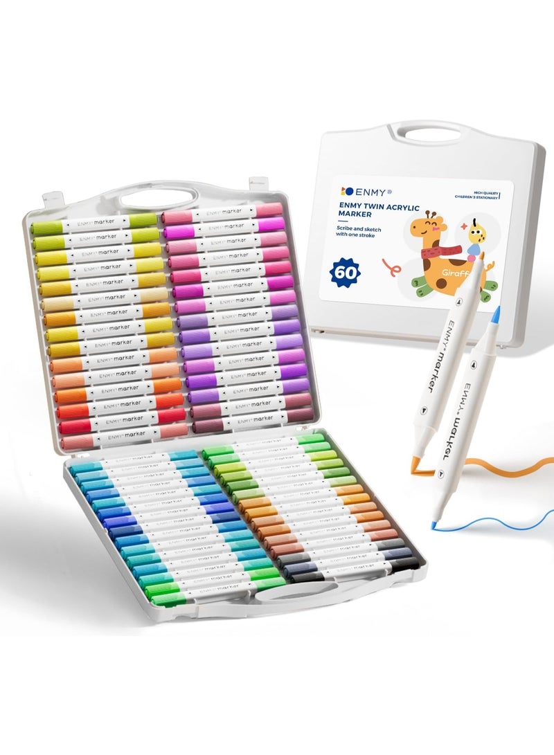 العدو مجموعة أقلام تلوين أكريليك مزدوجة الرأس من ENMY – 60 لوناً زاهياً 🖌️ | أقلام رسم بأطراف مزدوجة (1 مم دقيق + 5 مم فرشاة) | حبر مائي آمن وغير سام، سريع الجفاف وقابل للغسل | مثالية للرسم على الحجر، القماش، الخشب، الزجاج، السيراميك، الأقمشة والمزيد | حقيبة محمولة لتنظيم الأقلام | أدوات فنية مثالية للأطفال والمبتدئين والفنانين | هدية مميزة لعشاق الرسم والأعمال اليدوية - Image 1