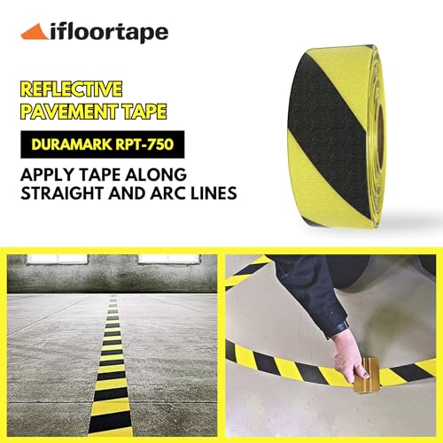 DuraMark RPT-750 Hazard Safety Warning Stripe Tape - Durable Outdoor Heavy Duty Rubber Base, Reflective Slip Resistant Bast Certified for Pavement Marking, Hazardous Areas (Yellow & Black, 2" X 36') - Image 5