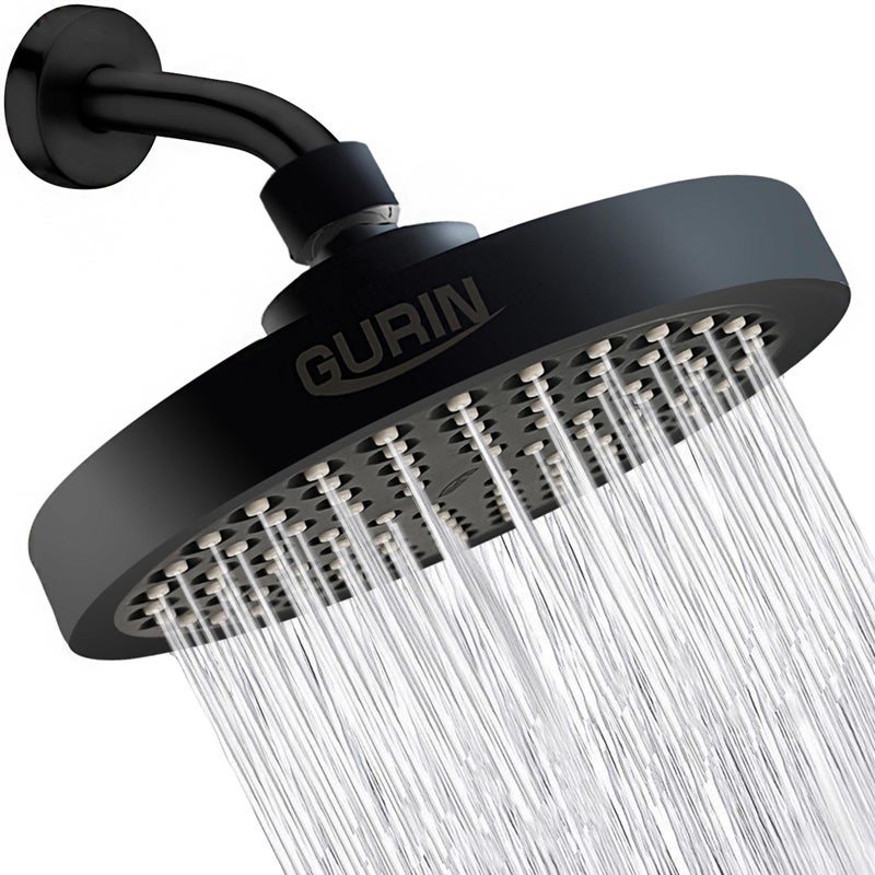 GURIN Shower Head High Pressure Rain, Luxury Bathroom Showerhead with Adjustable Angles, Anti-Clogging Silicone Nozzles - Matte Black, 6 Inch Round - Image 1