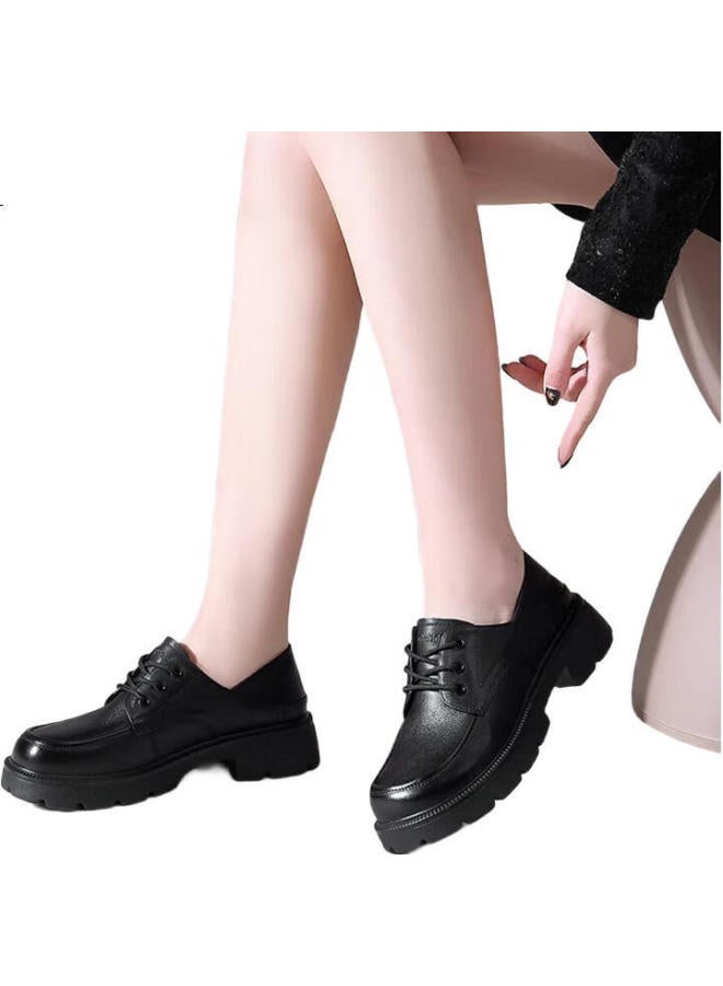 Strongman Qiangren Women'S Shoes, Top-Grain Leather, Breathable, Thick-Soled Flats, Comfortable Wide-Toe Leather Shoes, Loafers, Jda73272, Black, Size 38 - Image 1