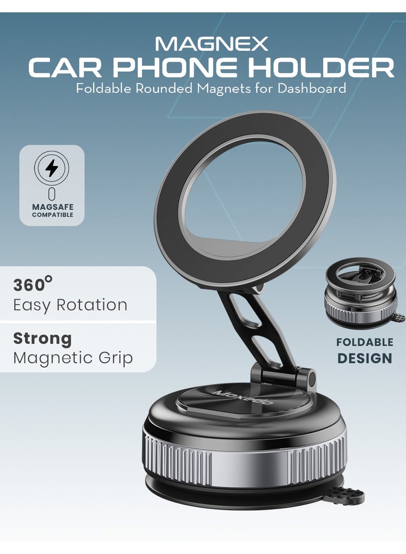 Moxedo Magnex Car Phone Holder Foldable Rounded Magnets for Dashboard with Vacuum Suction Cup 360° Base Rotation with Metal Plate Compatible for All Smartphone - Image 2