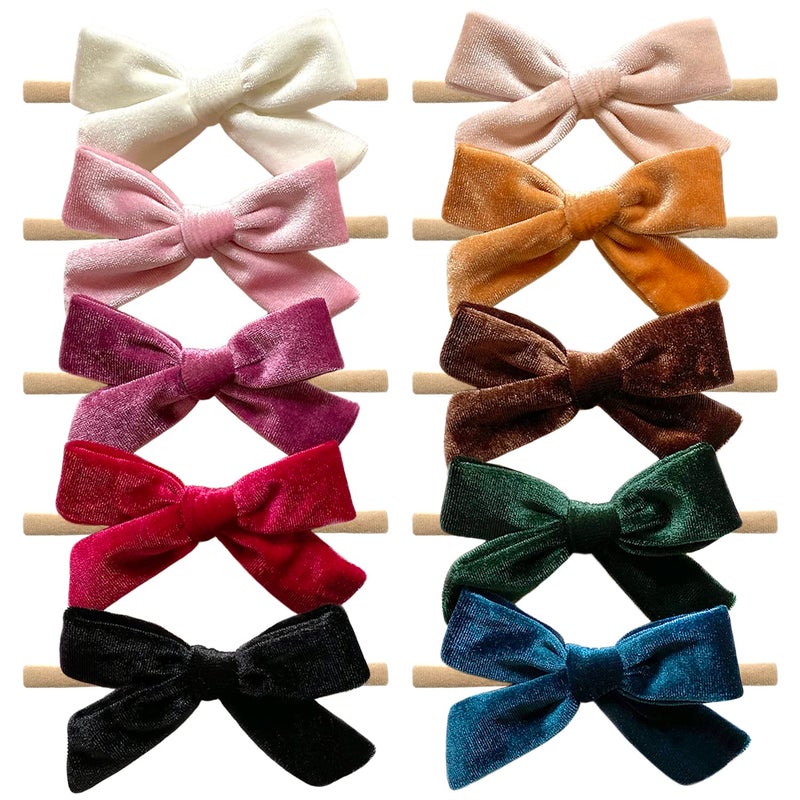 Cherssy Baby Girl 4 Velvet Hair Bows and Headbands 10pcs Nylon Hairbands Elastic Hair Accessories for Newborn Infant Toddlers