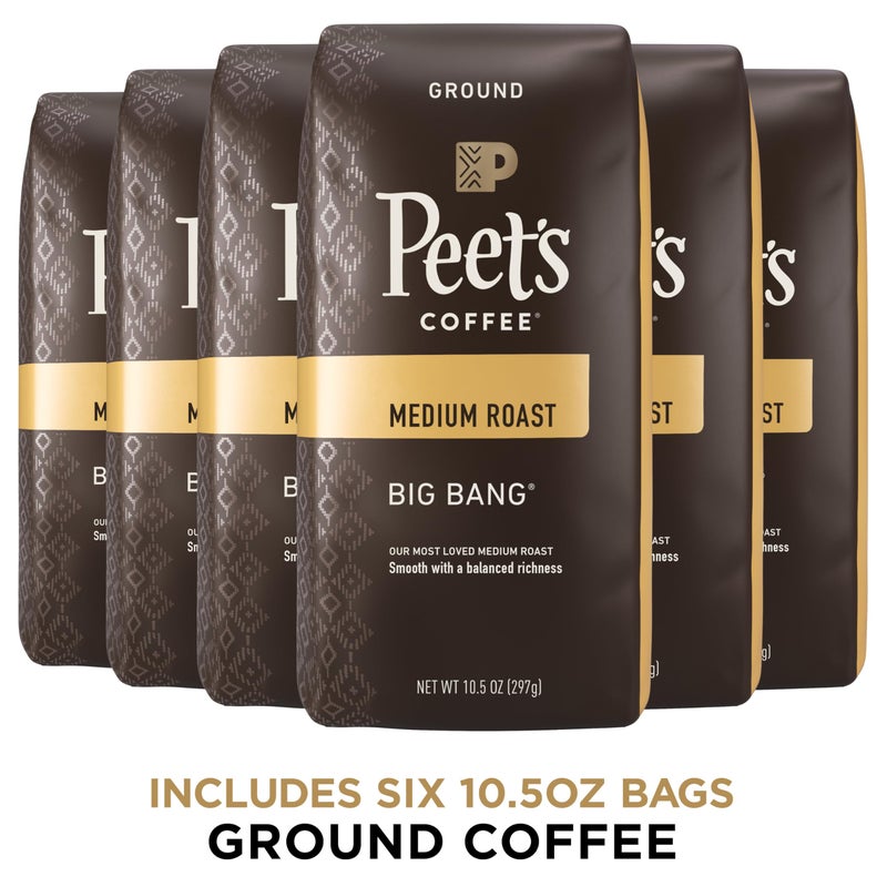 Peet's Coffee قهوة بيتس، قهوة مطحونة متوسطة التحميص - بيغ بانغ 63 أونصة (6 أكياس من 10.5 أونصة) - Image 2