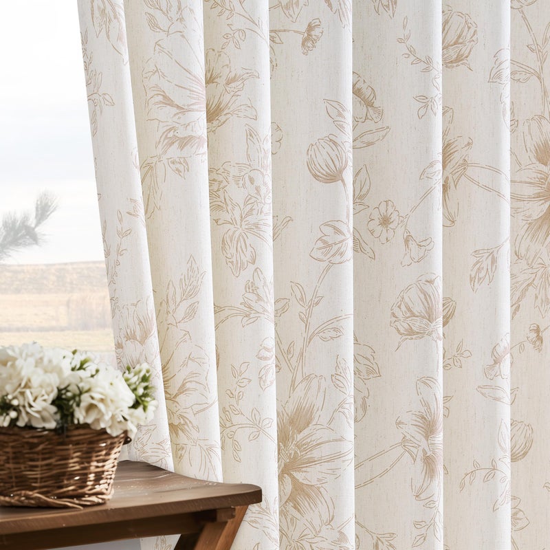 BILEEHOME Linen Floral 102 Inch Curtains Pinch Pleated Farmhouse Neutral Living Dining Room Light Filtering Linen Curtains Tan Brown Beige Flower Pattern Printed French Country Vintage Drapes 102 Inches Long - Image 2