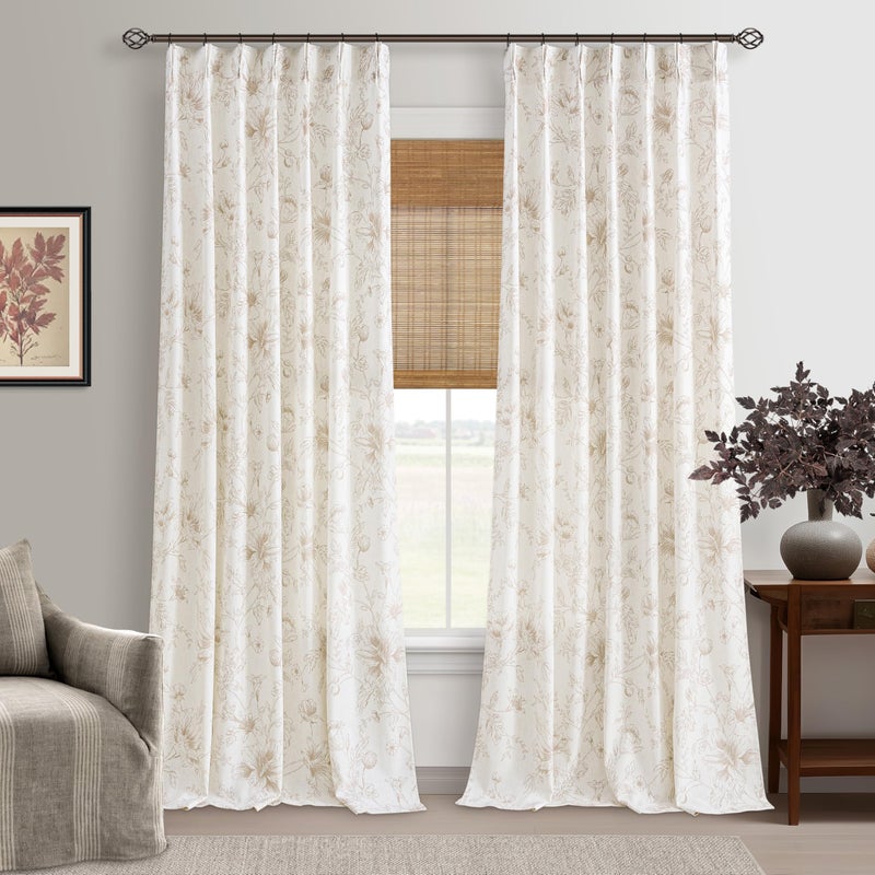 BILEEHOME Linen Floral 102 Inch Curtains Pinch Pleated Farmhouse Neutral Living Dining Room Light Filtering Linen Curtains Tan Brown Beige Flower Pattern Printed French Country Vintage Drapes 102 Inches Long - Image 1