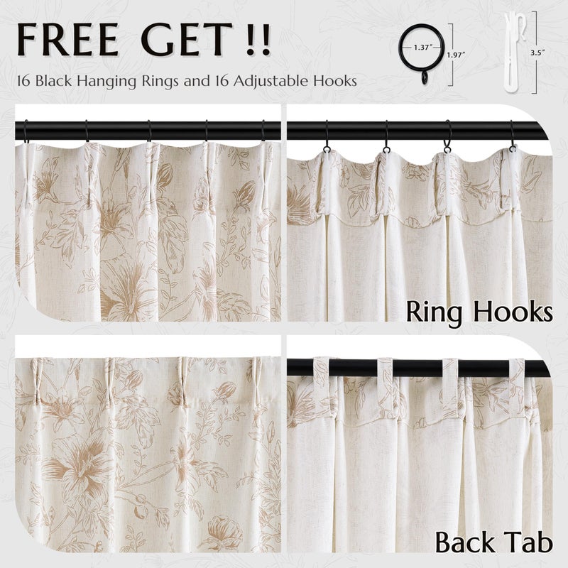 BILEEHOME Linen Floral 102 Inch Curtains Pinch Pleated Farmhouse Neutral Living Dining Room Light Filtering Linen Curtains Tan Brown Beige Flower Pattern Printed French Country Vintage Drapes 102 Inches Long - Image 4