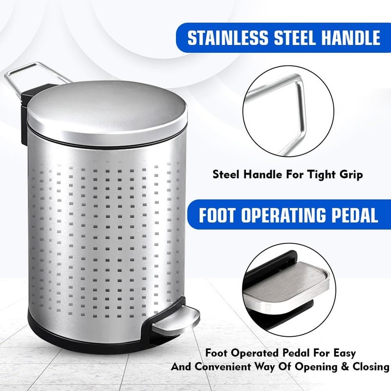 mofna Mofna Stainless Steel Perforated Pedal Dustbin Garbage Bin with Plastic Bucket Trashcan for Home Office and Kitchen Use Black Silver 7x10 Inch 5 Liter  - Image 3