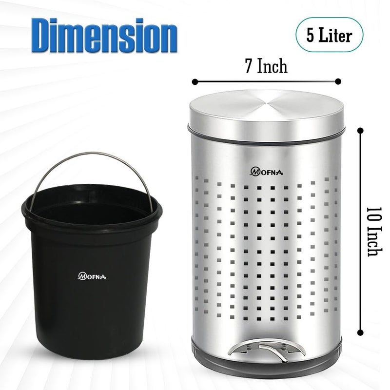 mofna Mofna Stainless Steel Perforated Pedal Dustbin Garbage Bin with Plastic Bucket Trashcan for Home Office and Kitchen Use Black Silver 7x10 Inch 5 Liter  - Image 2
