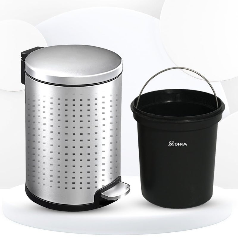 mofna Mofna Stainless Steel Perforated Pedal Dustbin Garbage Bin with Plastic Bucket Trashcan for Home Office and Kitchen Use Black Silver 7x10 Inch 5 Liter  - Image 5