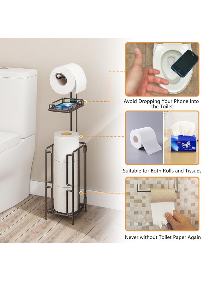 Beauenty - Toilet Paper Holder Stand, FreeStanding Toilet Paper Holder, 304 Stainless Steel Bathroom Tissue Dispenser Toilet Roll Holder with Top Shelf Storage Reserve Tray, Storage ShelfWeighted Base - Image 1