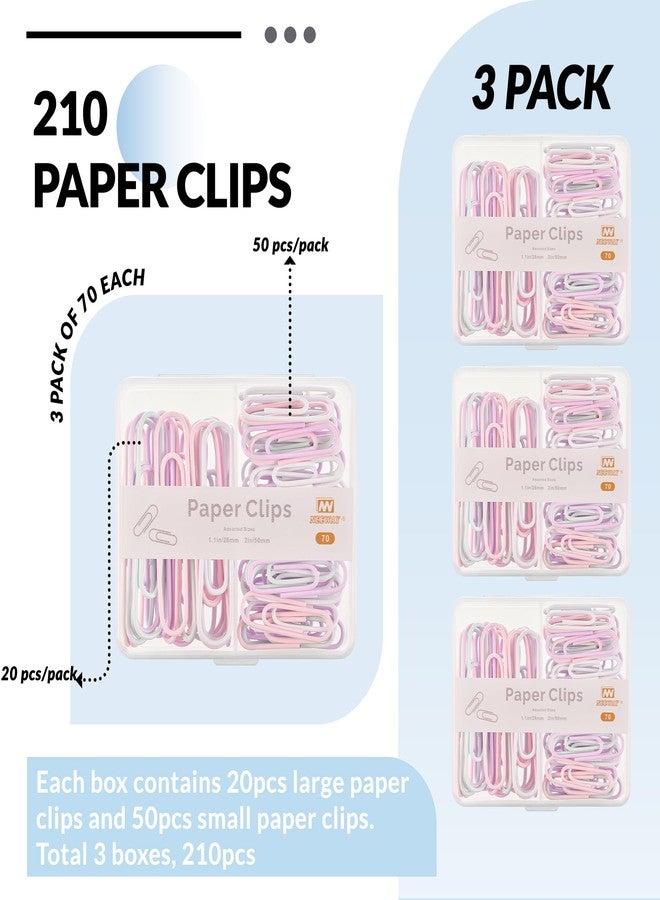 NEEWAY Colorful Paper Clips Assorted Sizes, Small and Large Paper Clips, 210 Count, 3 Pack of 70 (Light Multicolor) - Image 3