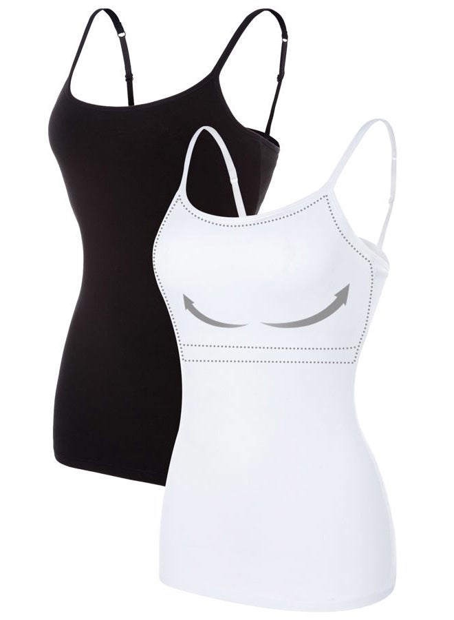 ATTRACO Women's Cotton Camisole Shelf Bra Spaghetti Straps Tank Top 2 Packs, Black/ White, M - Image 1