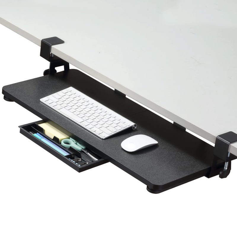 ETHU Under Desk Keyboard Tray 68x30cm Ergonomic Pullout Tray with CClamp Large Size Keyboard Tray Mount Easy to Install Computer Keyboard Stand for Home and Office Black