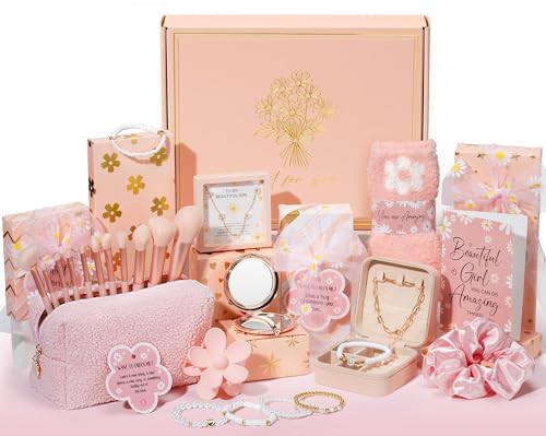 Qinline Easter Basket Gifts for Tween Teen Girls 8 PCS Birthday Gift Teenage Girl Gifts Trendy Stuff wFun Task Tag Makeup Brushes Bag Empower Positive Wrapped Gift Prefilled Stuffers for Daughter Niece - Image 1