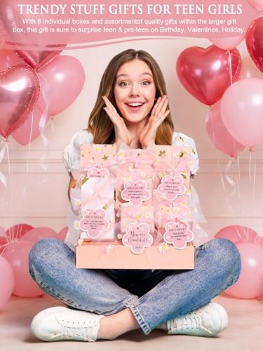 Qinline Easter Basket Gifts for Tween Teen Girls 8 PCS Birthday Gift Teenage Girl Gifts Trendy Stuff wFun Task Tag Makeup Brushes Bag Empower Positive Wrapped Gift Prefilled Stuffers for Daughter Niece - Image 3