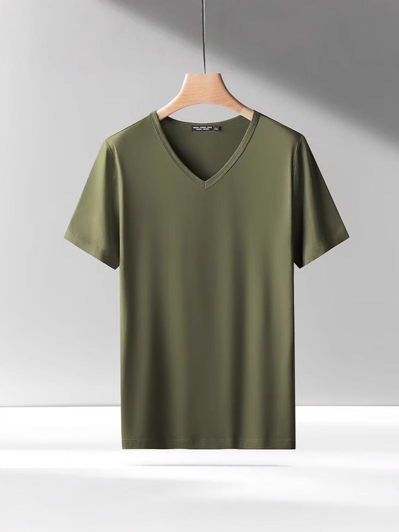 New Summer Solid Color Short-Sleeved T-Shirt Men'S Ice Breathable Thin Casual V-Neck Ice Cool Base Shirt Top - Image 5
