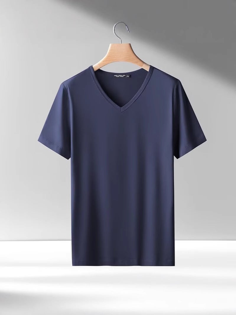 New Summer Solid Color Short-Sleeved T-Shirt Men'S Ice Breathable Thin Casual V-Neck Ice Cool Base Shirt Top - Image 3