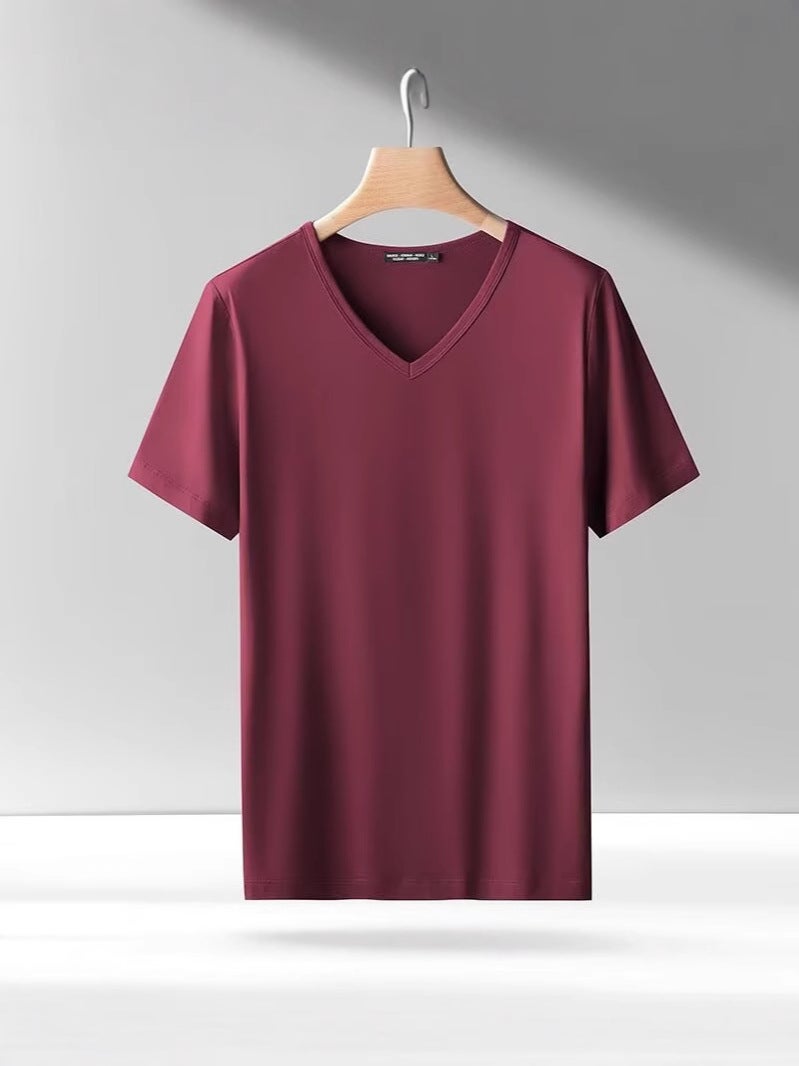 New Summer Solid Color Short-Sleeved T-Shirt Men'S Ice Breathable Thin Casual V-Neck Ice Cool Base Shirt Top - Image 4
