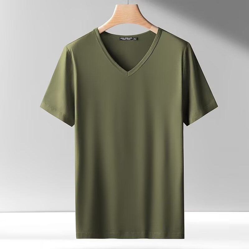 New Summer Solid Color Short-Sleeved T-Shirt Men'S Ice Breathable Thin Casual V-Neck Ice Cool Base Shirt Top - Image 1