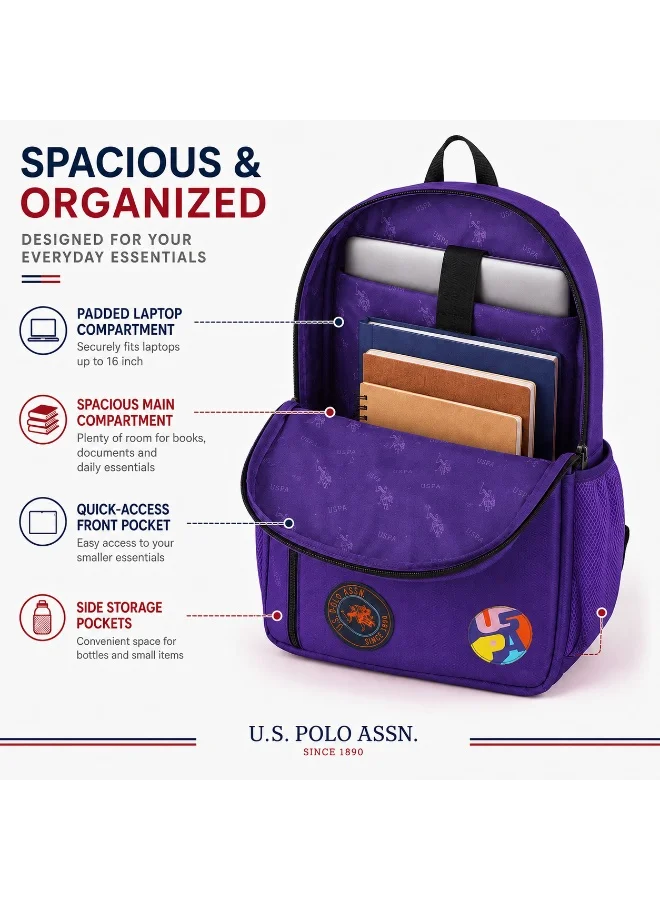 U.S. Polo Assn. LIGHT PURPLE U.S. Polo Assn. Classic Royal Purple Traveller Stamp Edition Backpack for School and Office MultiCompartment Bag for Campus  | Best Price UAE