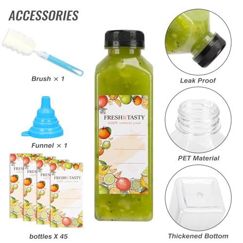 TOMNK 45pcs Juice Bottles with Lids, 16oz Reusable Plastic Juice Bottles with Caps and Labels, Funnel, Brush Beverage Containers for Juicing, Smoothies, Tea, Milk - Image 3