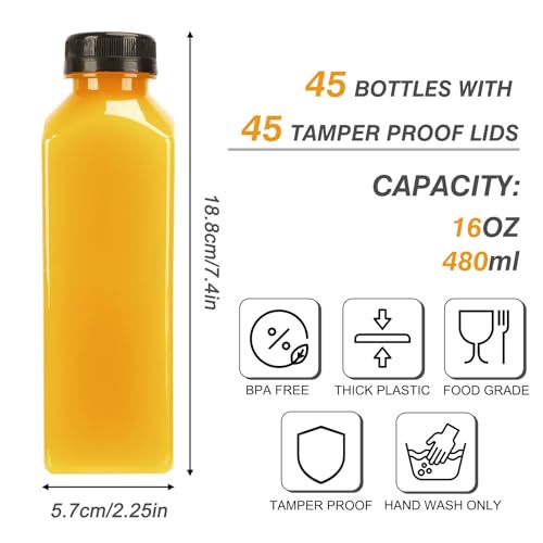 TOMNK 45pcs Juice Bottles with Lids, 16oz Reusable Plastic Juice Bottles with Caps and Labels, Funnel, Brush Beverage Containers for Juicing, Smoothies, Tea, Milk - Image 2
