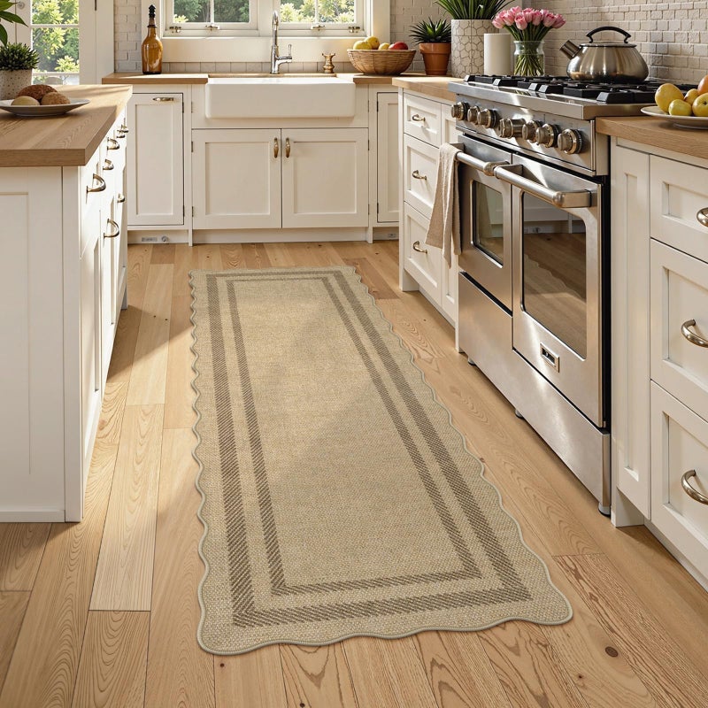 LIVEBOX Scalloped Washable 2x6 Kitchen Runner Rug, Easy Jute Geometric Tan Rugs for Entryway, Indoor Outdoor Non Slip Rug Farmhouse Modern Carpet Door Mat for Porch Bedroom Laundry Room Hallway - Image 2