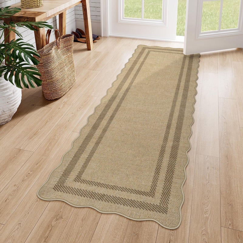 LIVEBOX Scalloped Washable 2x6 Kitchen Runner Rug, Easy Jute Geometric Tan Rugs for Entryway, Indoor Outdoor Non Slip Rug Farmhouse Modern Carpet Door Mat for Porch Bedroom Laundry Room Hallway - Image 1
